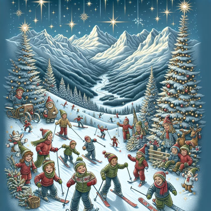 Festive Christmas Kids Skiing in Whimsical Mountain Scene