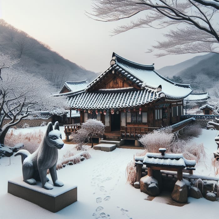 Winter Hanok House with Snow-Covered Trees and a Puppy