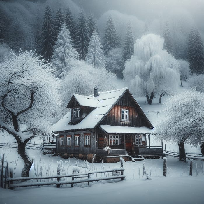 Snowy Winter Country House with Trees