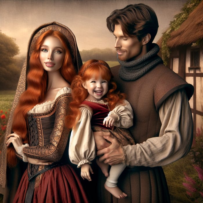 Medieval Family Portrait: Redheaded Mother, Brunette Father, and Toddler Daughter in Medieval Attire