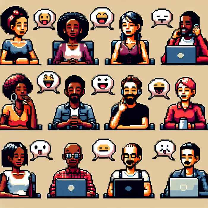 Diverse Pixel Art Characters Communicating Emotions