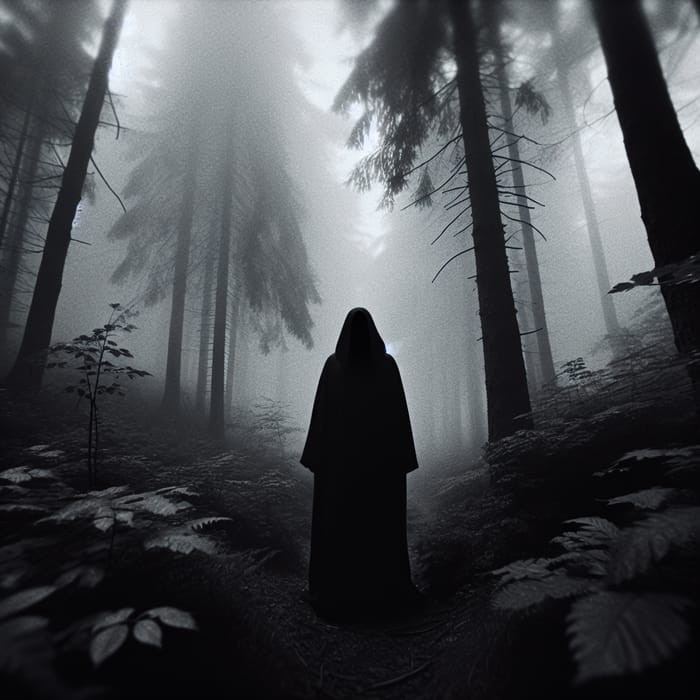 Eerie Monochromatic Scene: Mysterious Figure in Foggy Forest