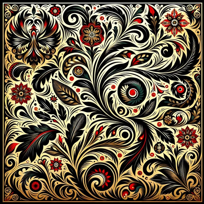 Square Khokhloma Russian Pattern - Traditional Wood Painting