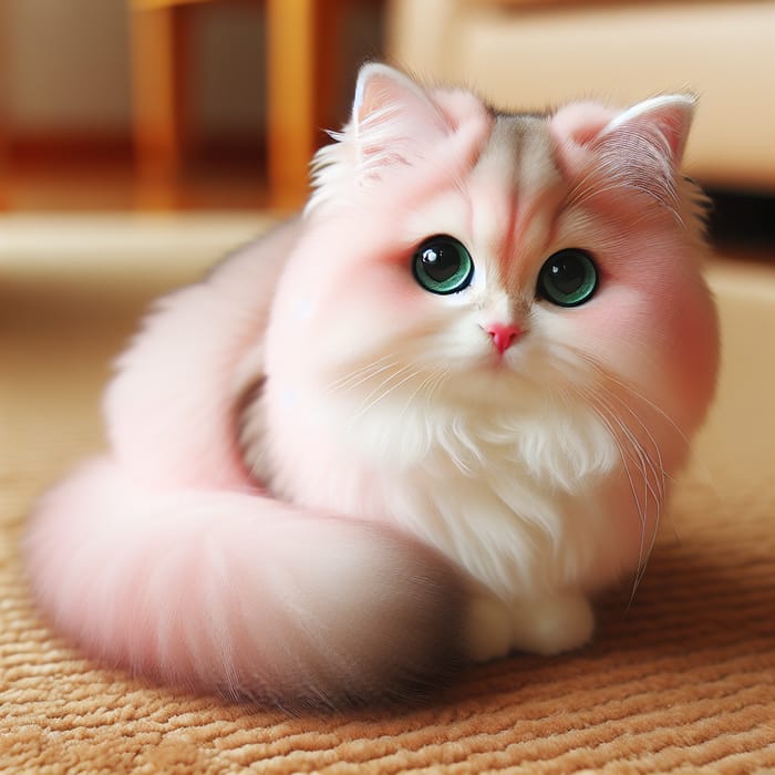 Charming Pink Cat Sitting Comfortably - Adorable Emerald-Green Eyes