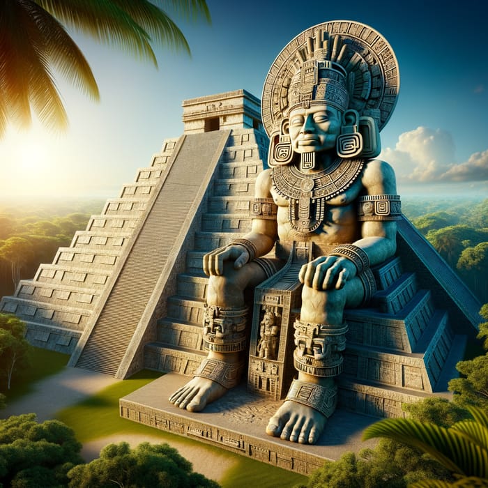 Colossal Maya Deity Seated atop Pyramid in Mesoamerican Jungle