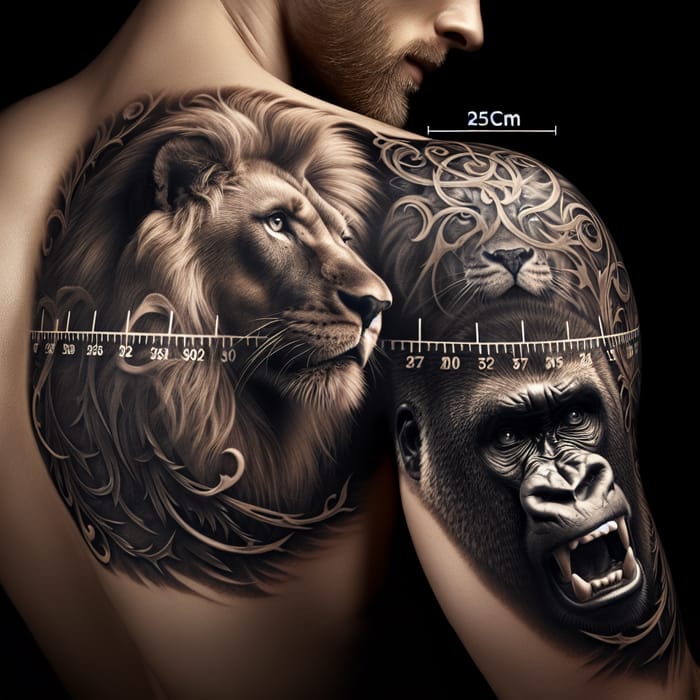 Men Tattoo with Majestic Lion and Powerful Gorilla Design