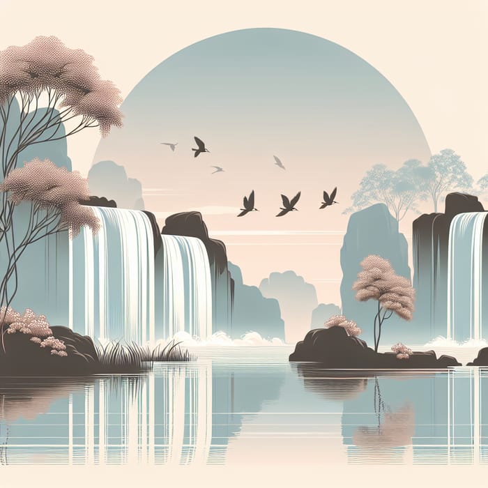 Tranquil Waterfalls & Birds in Minimalist Art Style