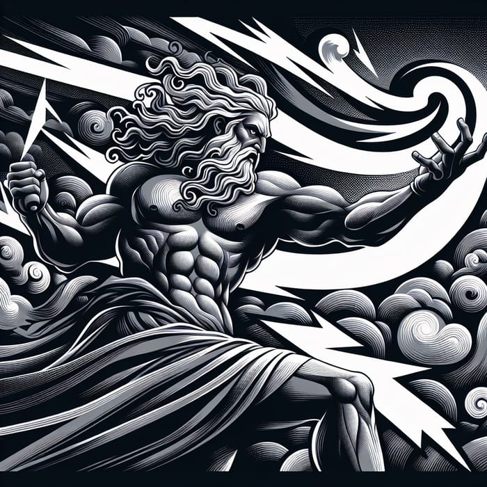Zeus Summoning Thunder in Gray Monochrome