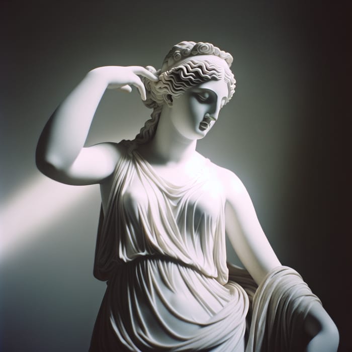 Elegant White Marble Grecian Goddess Sculpture in Soft Lighting