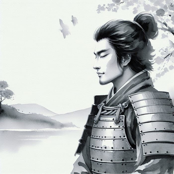 Tranquil Samurai Meditation in Nature: Zen Ink Wash Artwork