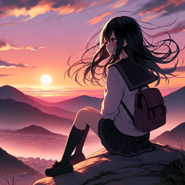 Anime Girl on Black Mountain Watching Sunset