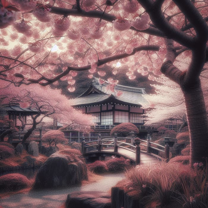 Serene Cherry Blossom Garden Scene | Ukiyo-E Inspired
