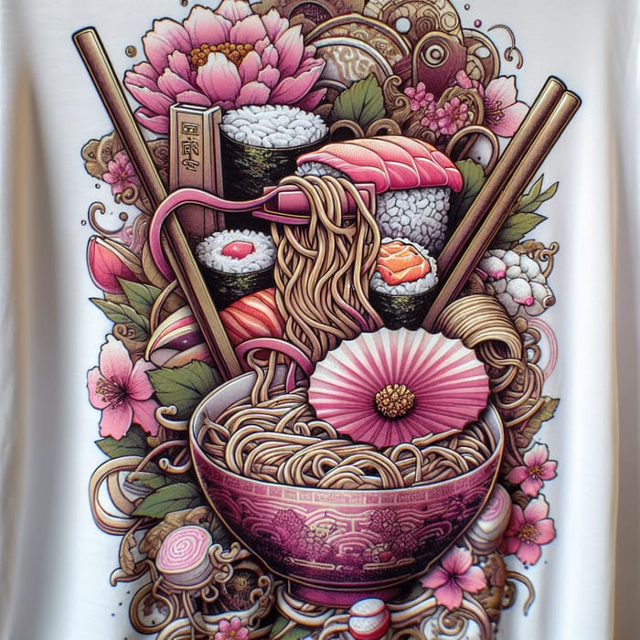 Japanese Cuisine Theme T-Shirt in White, Pink, and Gold Design