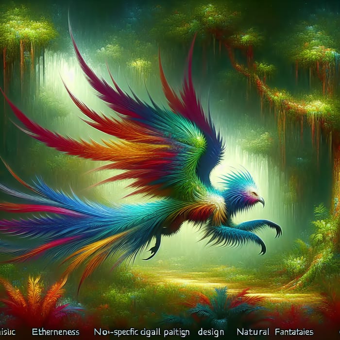 Mystical Creature with Vibrant Feathers in Lush Tropical Forest