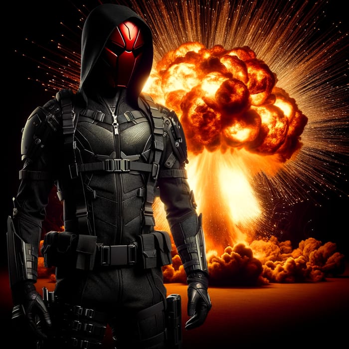Red Hood in All Black Outfit with Tech Details and Explosive Background