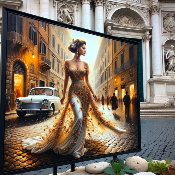 Elegant Hypermaximalist Street Scene with a Beautiful 19-Year-Old Woman in Rome