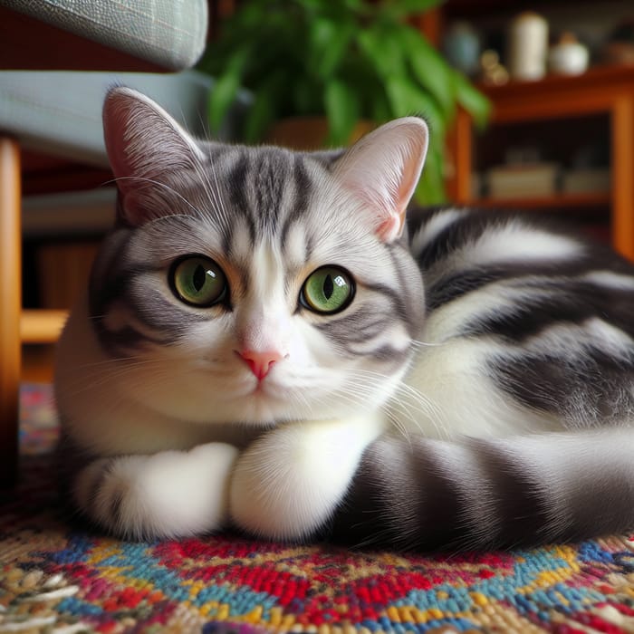 Colorful Rug Cat - Beautiful Image of a Domestic Short-Haired Cat