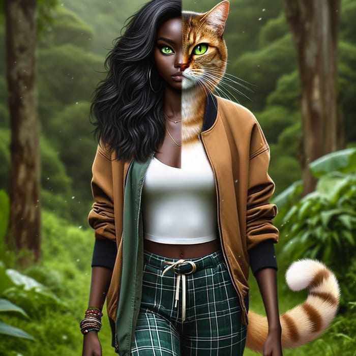 Magical Half Human Half Cat Fusion | Stunning Green-Eyed Black Woman