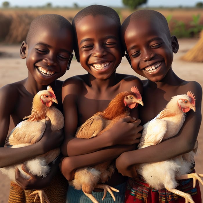 3 Happy African Boys Holding Hens Outdoors