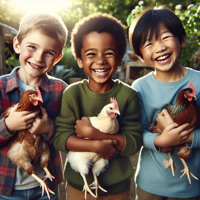 3 Happy Boys Holding Colorful Hens Outdoors