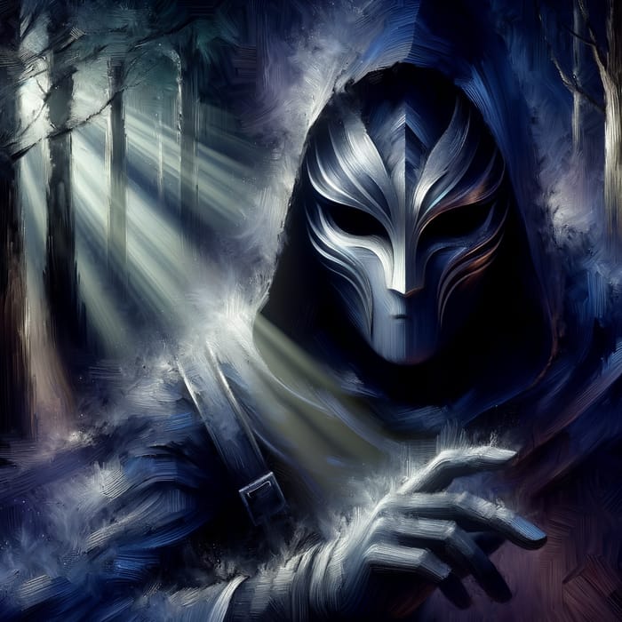 Enigmatic Masked Figure in Moonlit Forest | Dark Blue & Violet Hues