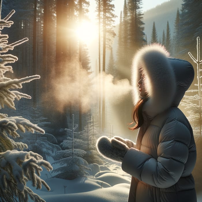Winter Forest Walk: Person Breathing Clouds in Nature