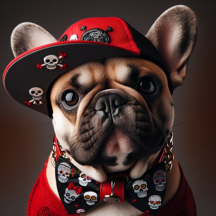 French Bulldog with Red Cap and Skull Collar