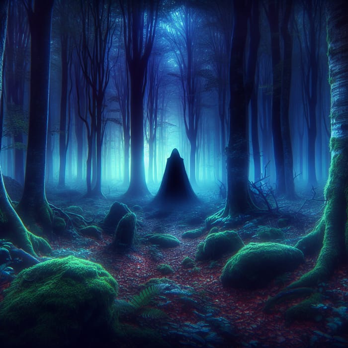Enigmatic Figure in Dark Forest | Captivating Blues & Purples