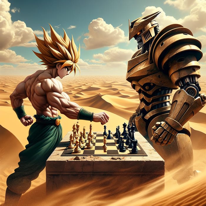 Intense Chess Duel: Super Saiyan vs. Transformer in Desert