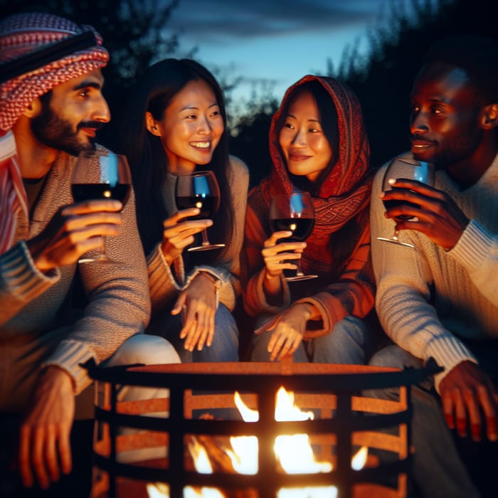 Diverse Group Enjoying Wine Night by Fire Pit Outdoors