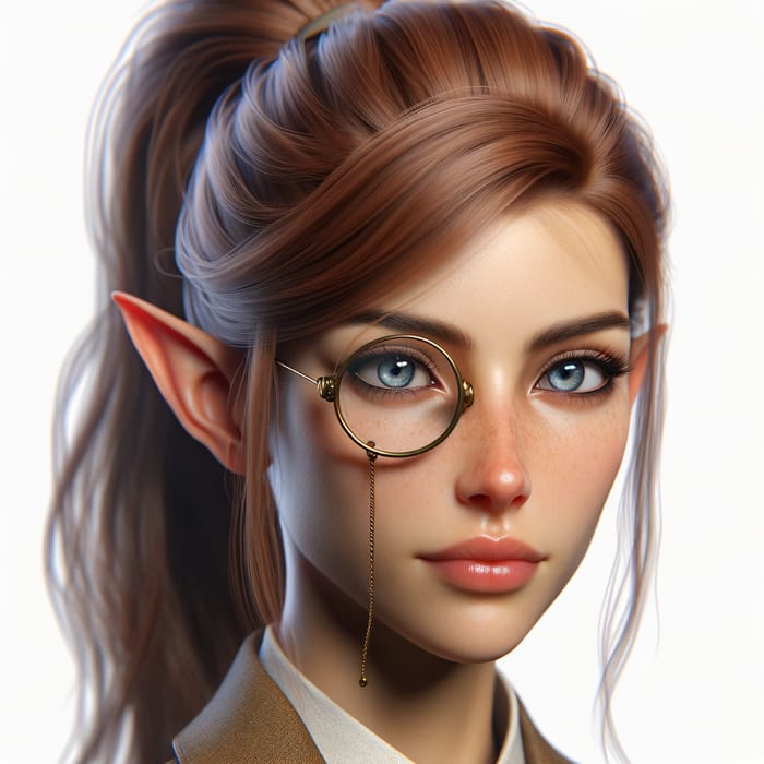 Realistic Female Elf Detective with Chestnut Hair & Monocle