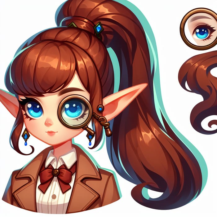 Elf Detective with a High Ponytail, Monocle, and Blue Eyes