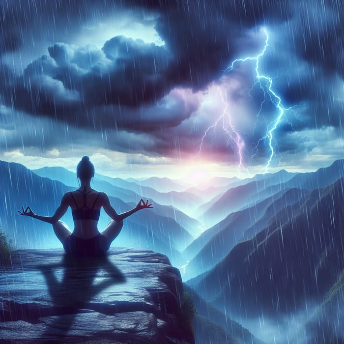 Calm Serenity: Meditating Woman Braving Thunderstorm on Mountain Cliff