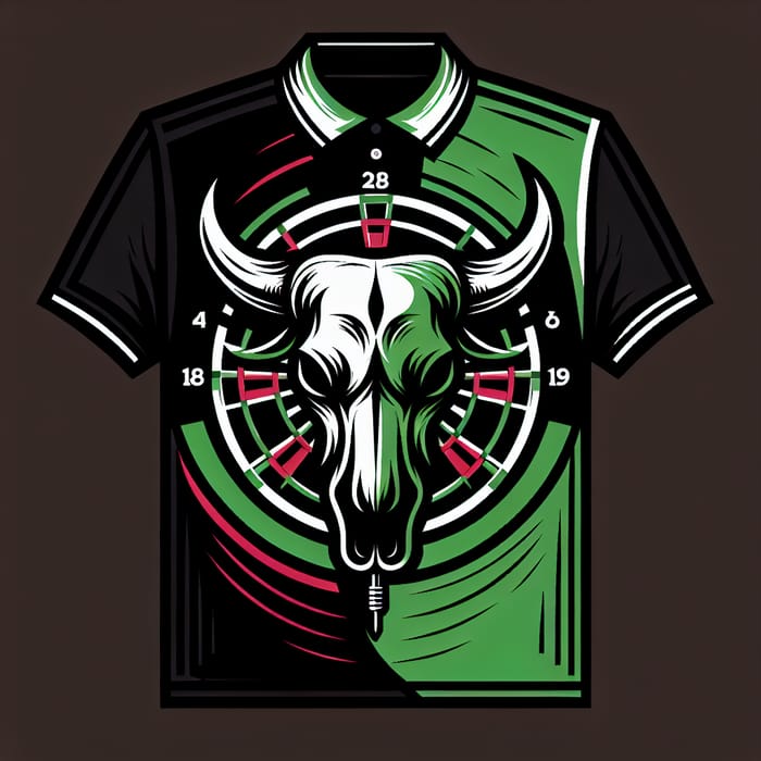 Bull's Skull Dart Polo Shirt with Black, Green & Red Design
