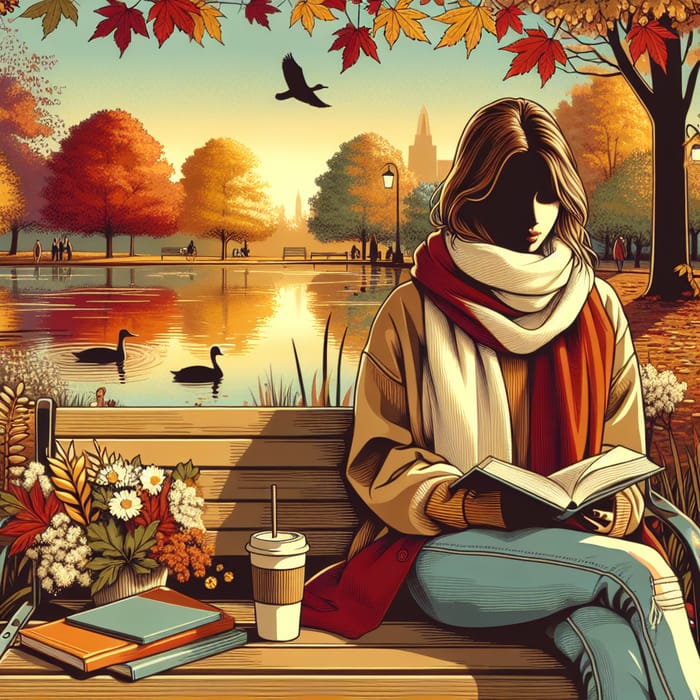 Artistic Autumn Illustration: Tranquil Park with User in Casual Autumn Setting
