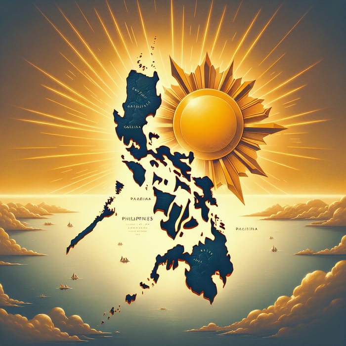 Philippine Map with Radiant Sun | Golden Sky Backdrop