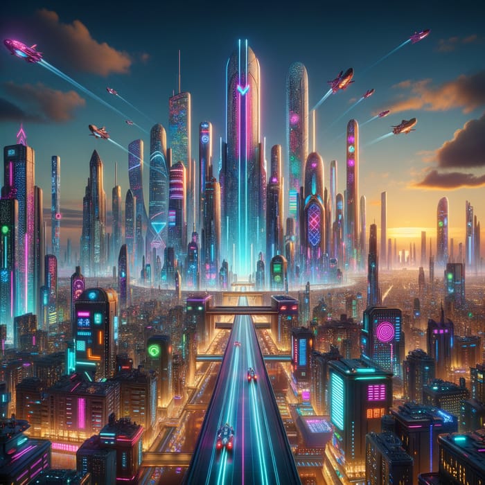 Vibrant Neon Cyberpunk Cityscape at Dusk | Syd Mead Inspired