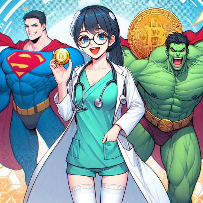 Anime Style Female Doctor with Blue Hair, Superheroes, and Bitcoin