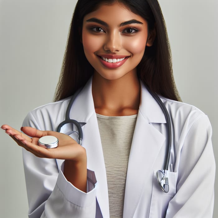 Beautiful Girl in White Medical Gown Smiling with Button