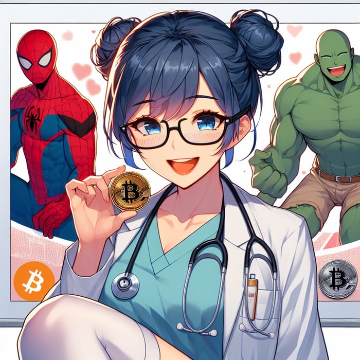 Anime Style Doctor Woman with Blue Hair Holding Bitcoin and Superheroes