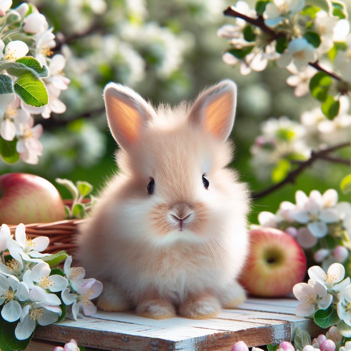 Small Fluffy Bunny in Apple Blossom Garden