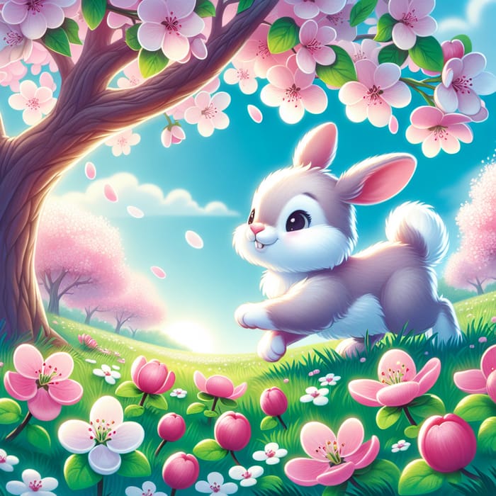Small Cartoon Rabbit in Apple Blossom Orchard - Cheerful Spring Scene