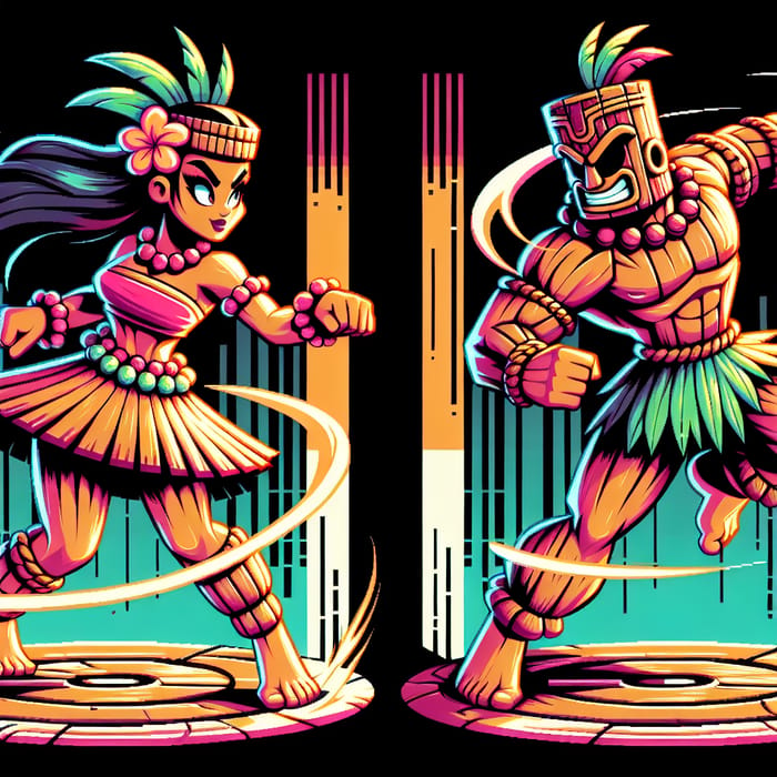Dynamic Tiki Twins: Retro Arcade Action in Vibrant Colors
