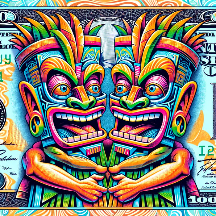 Colorful $100 Bill Featuring Tiki Twins: Pop Art Masterpiece