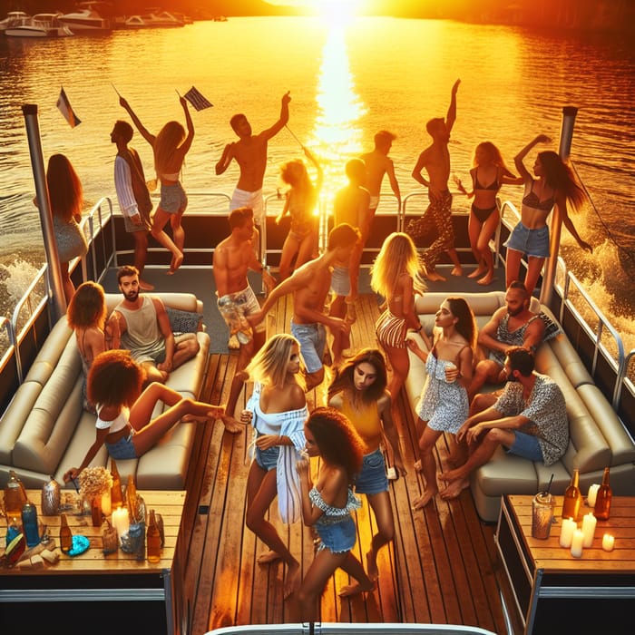 Energetic Sunset Party Scene on Pontoon Boat - Summer Vibes