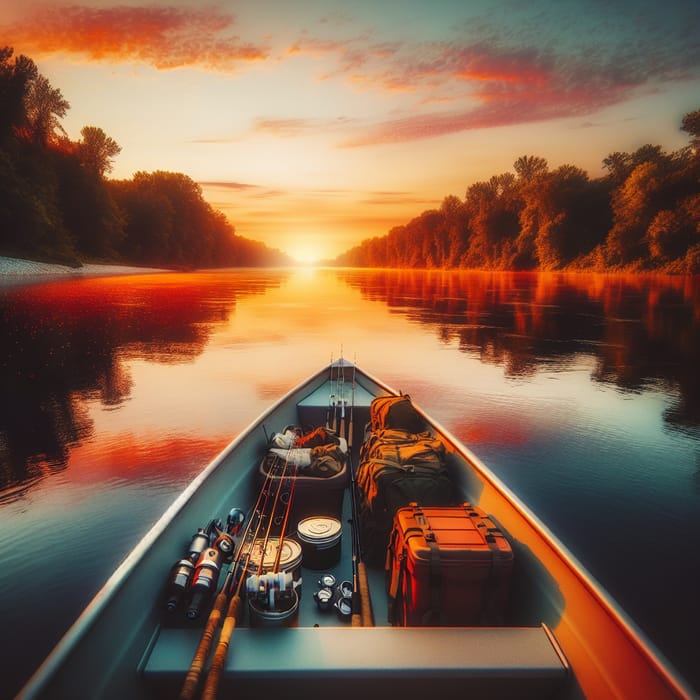 Tranquil River Sunset Adventure - Camping & Fishing Gear in Boat, Golden Hour Serenity