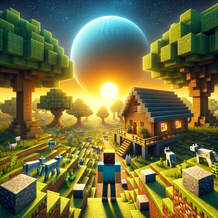 Tranquil Minecraft Landscape: Blocky Trees, Voxel Creatures & Serenity