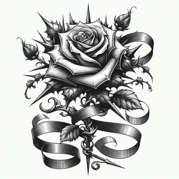 Detailed Illustration of a Rose with Sharp Thorns and Ribbons