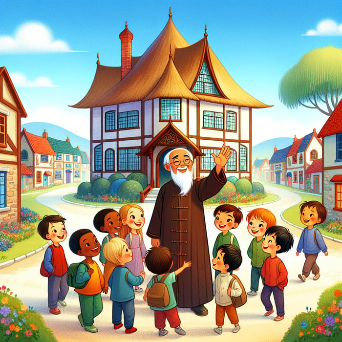 Whimsical Village Illustration - Scholar Tasio Welcomes Children