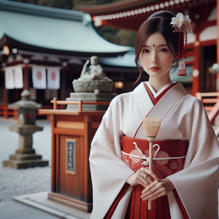 Japanese Miko Priestess at Serene Shinto Shrine